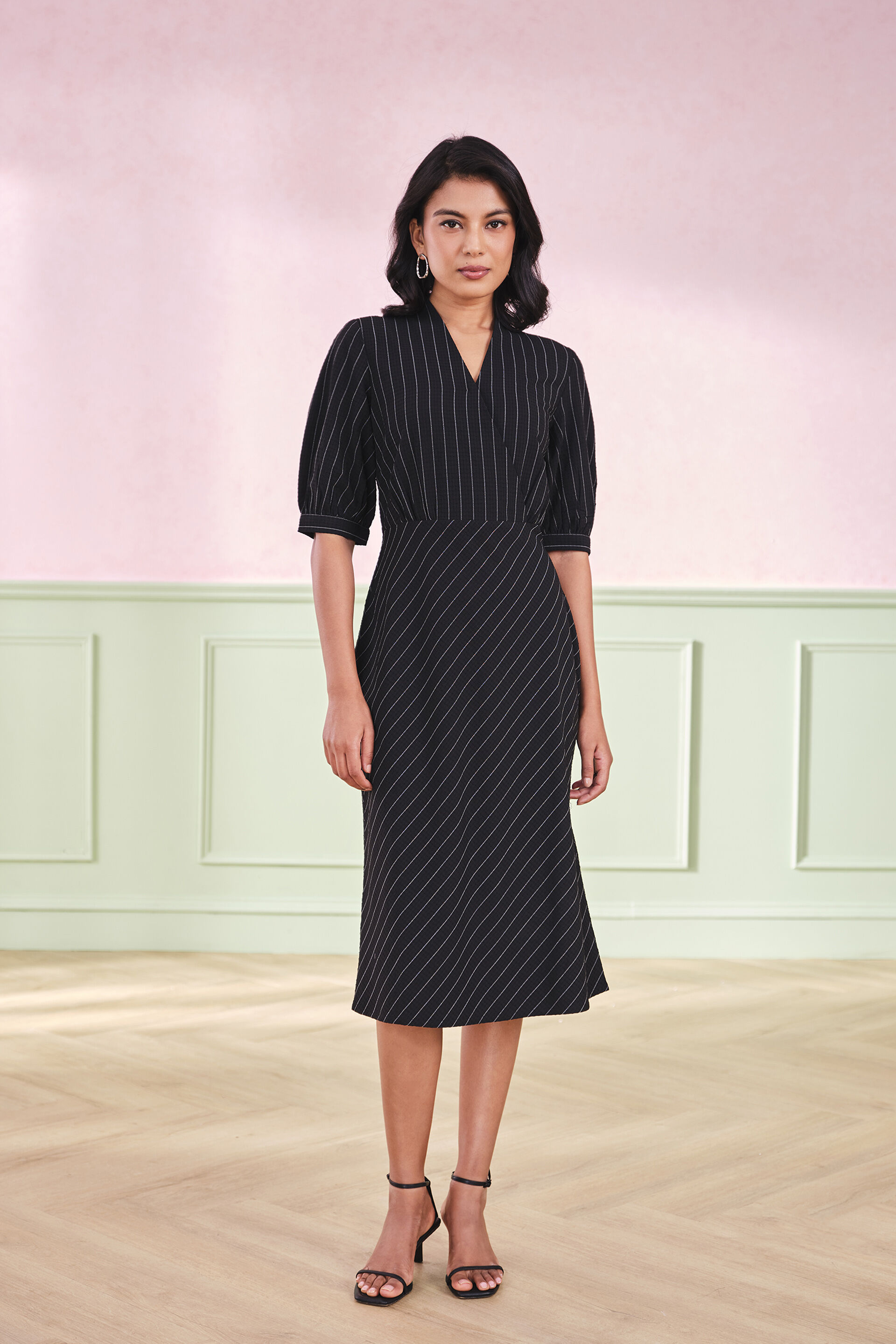 Shadow Striped Terry Blend Midi Dress, Black, image 1